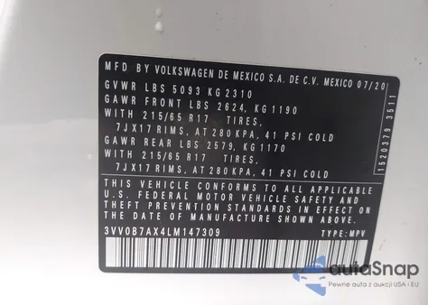 2020 Volkswagen Tiguan 2.0T S из США, поврежденный, VIN 3VV0B7AX4LM147309